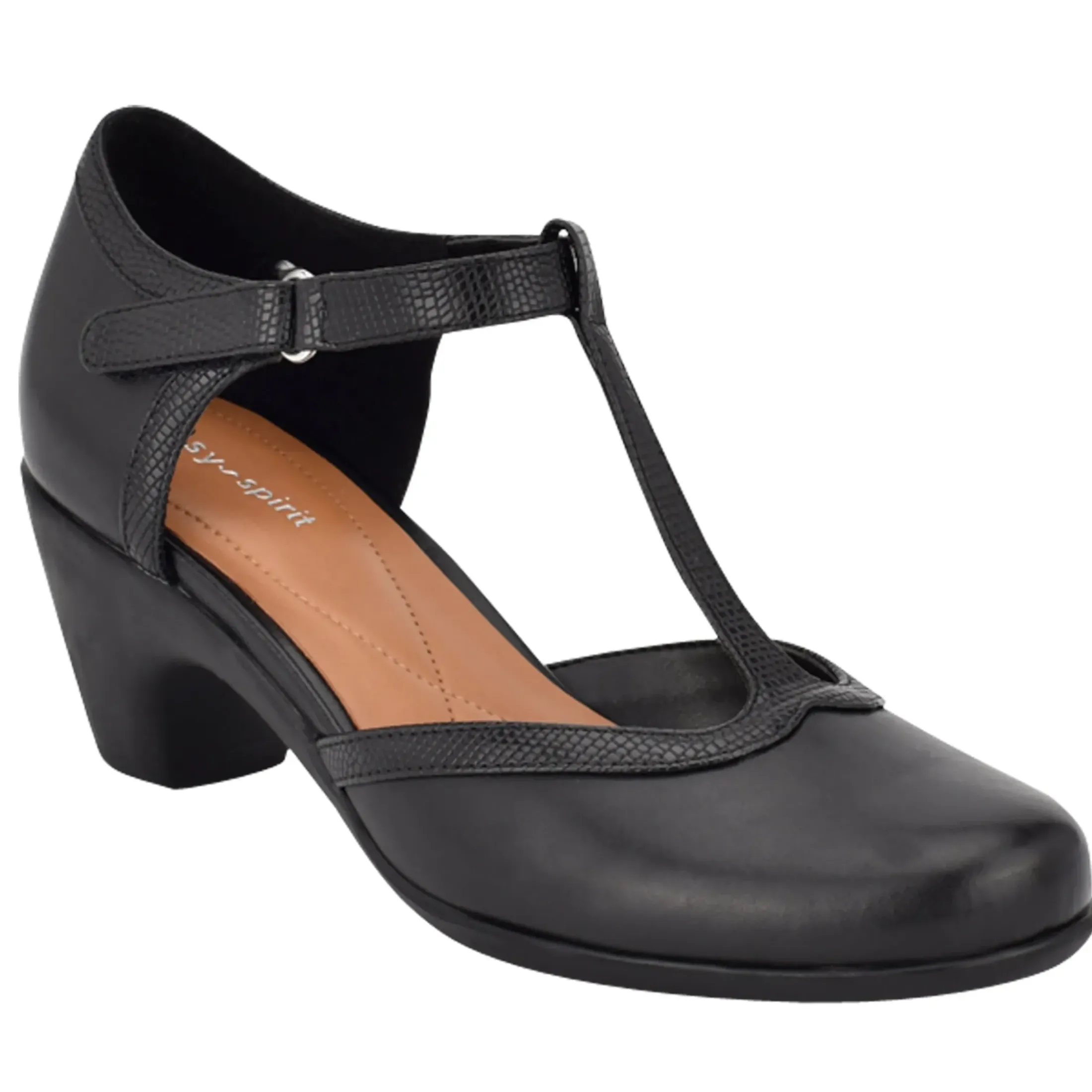 Mid Heels|Pumps>Easy Spirit Cara T-Strap Heels Black Leather