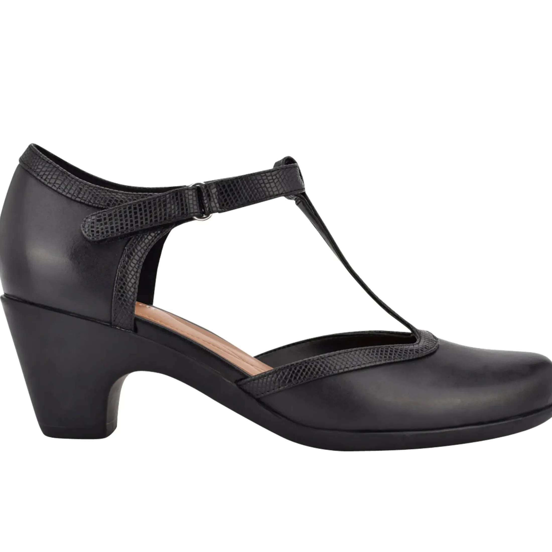 Mid Heels|Pumps>Easy Spirit Cara T-Strap Heels Black Leather
