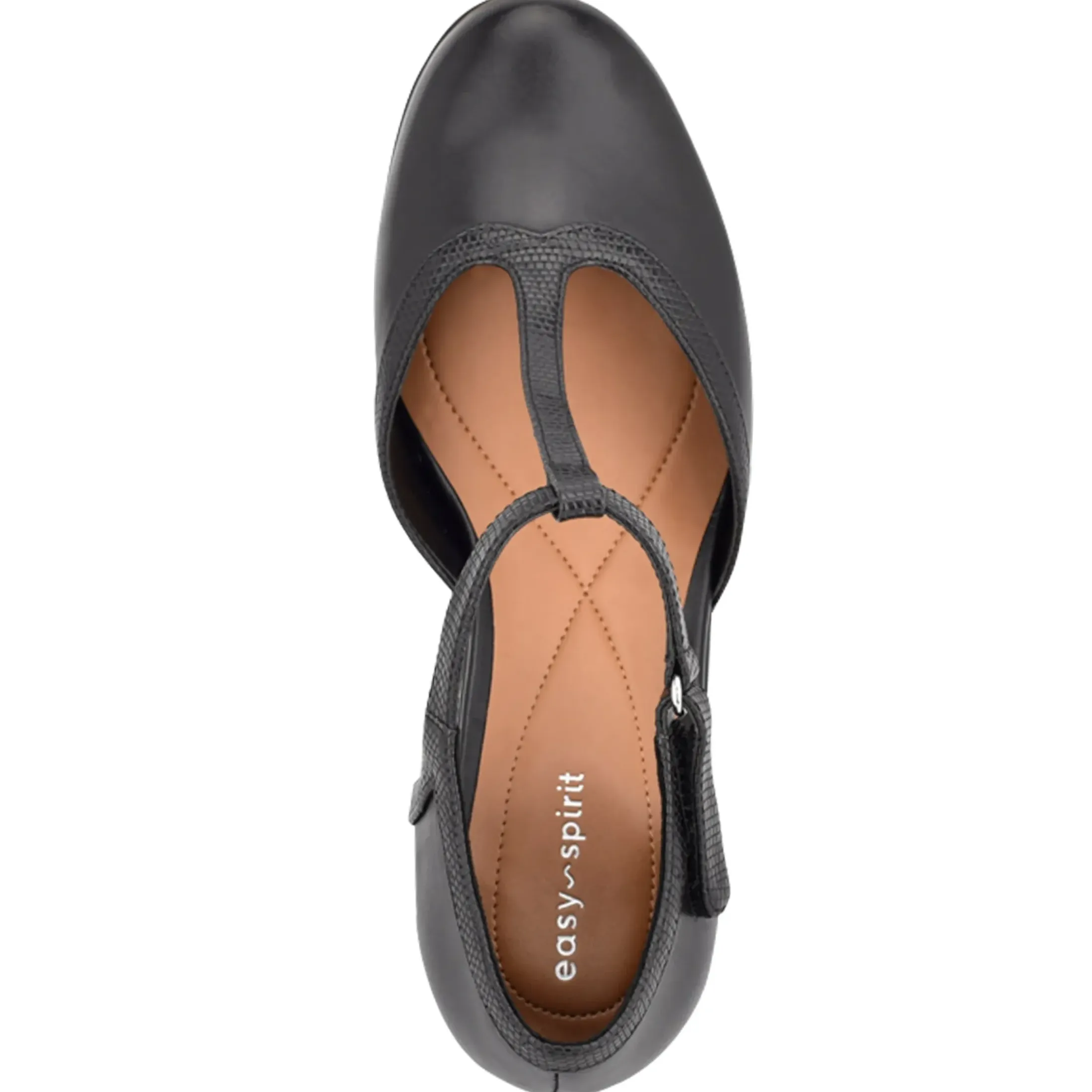 Mid Heels|Pumps>Easy Spirit Cara T-Strap Heels Black Leather