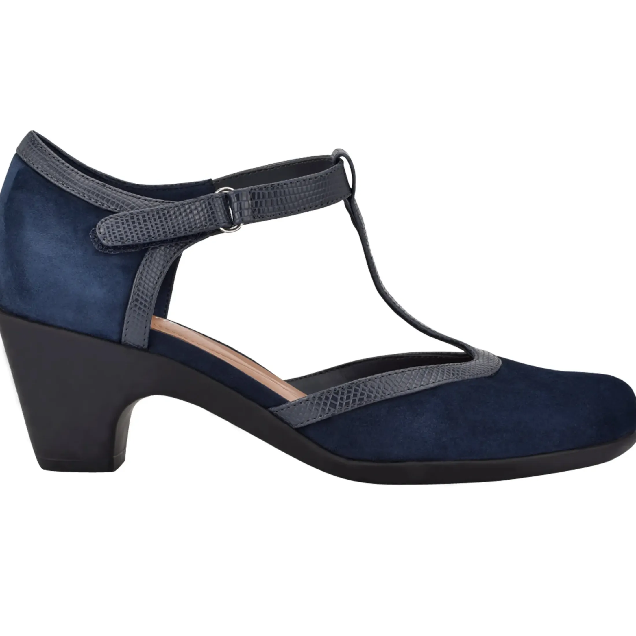 Mid Heels|Pumps>Easy Spirit Cara T-Strap Heels Navy Suede