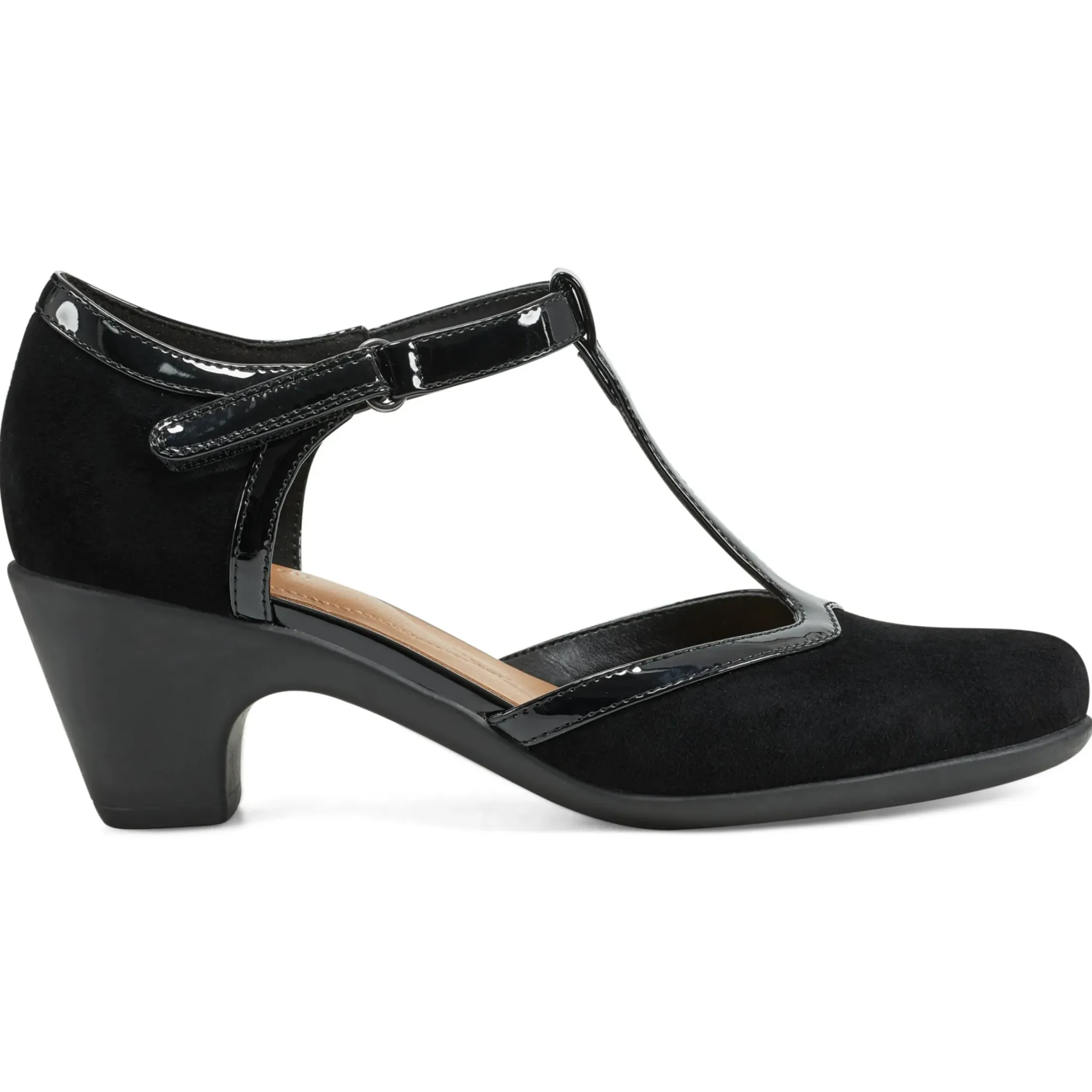 Mid Heels|Pumps>Easy Spirit Cara T-Strap Heels Black Suede
