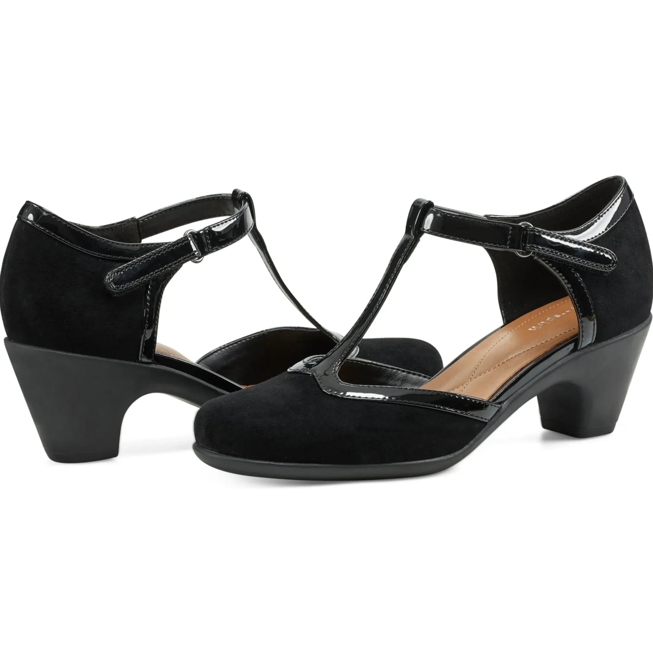 Mid Heels|Pumps>Easy Spirit Cara T-Strap Heels Black Suede