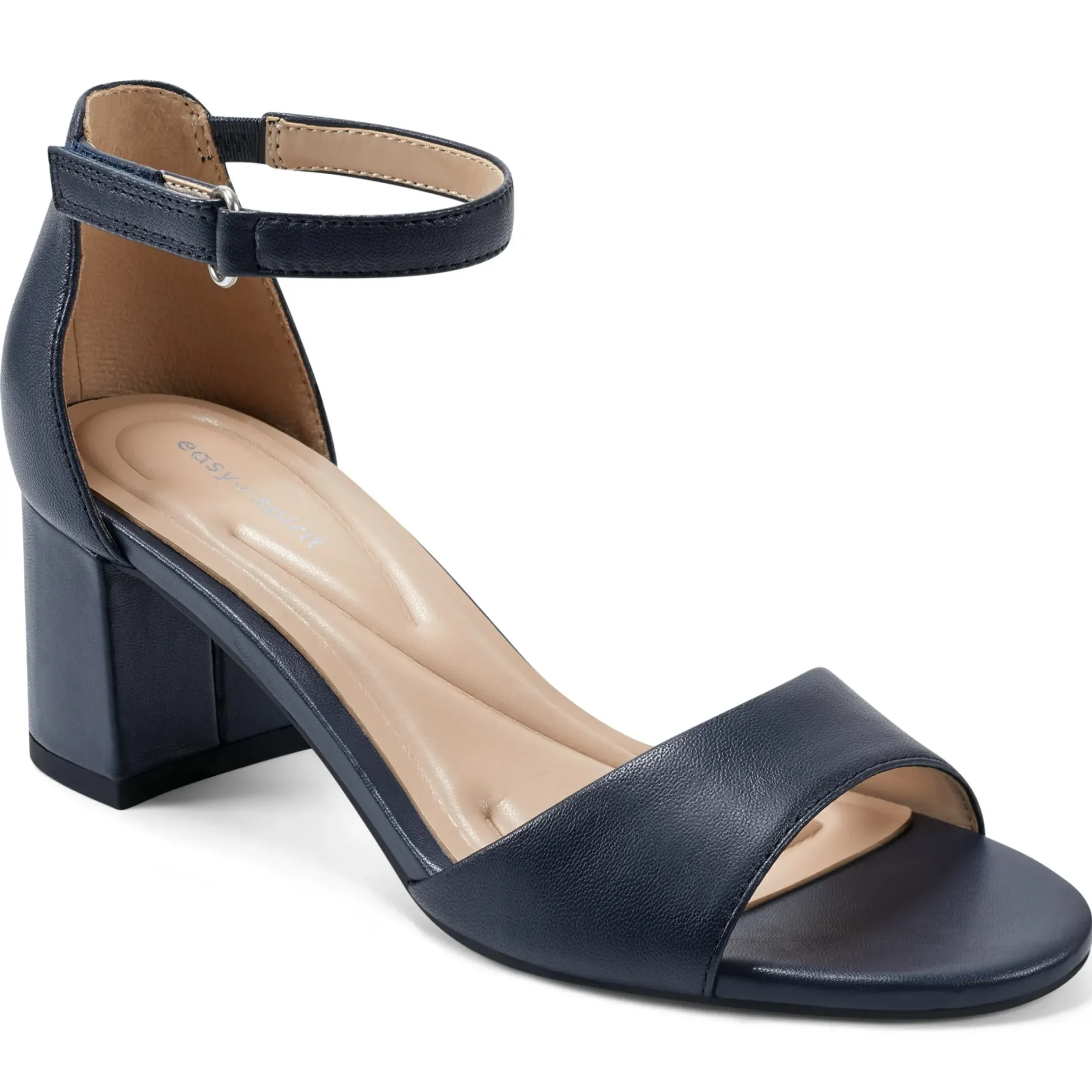 eFlex|eFlex>Easy Spirit Daven Ankle Strap Heeled Sandals Navy Leather