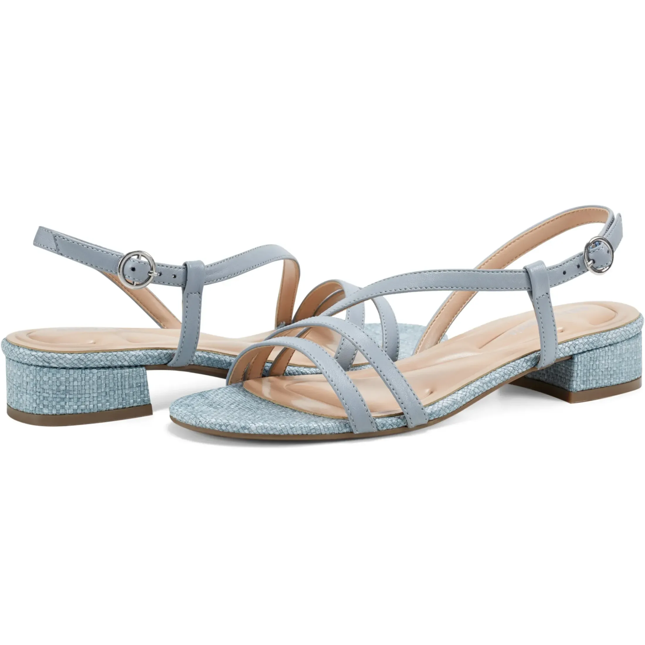 eFlex|eFlex>Easy Spirit Glenni Block Heel Sandals Light Blue Raffia