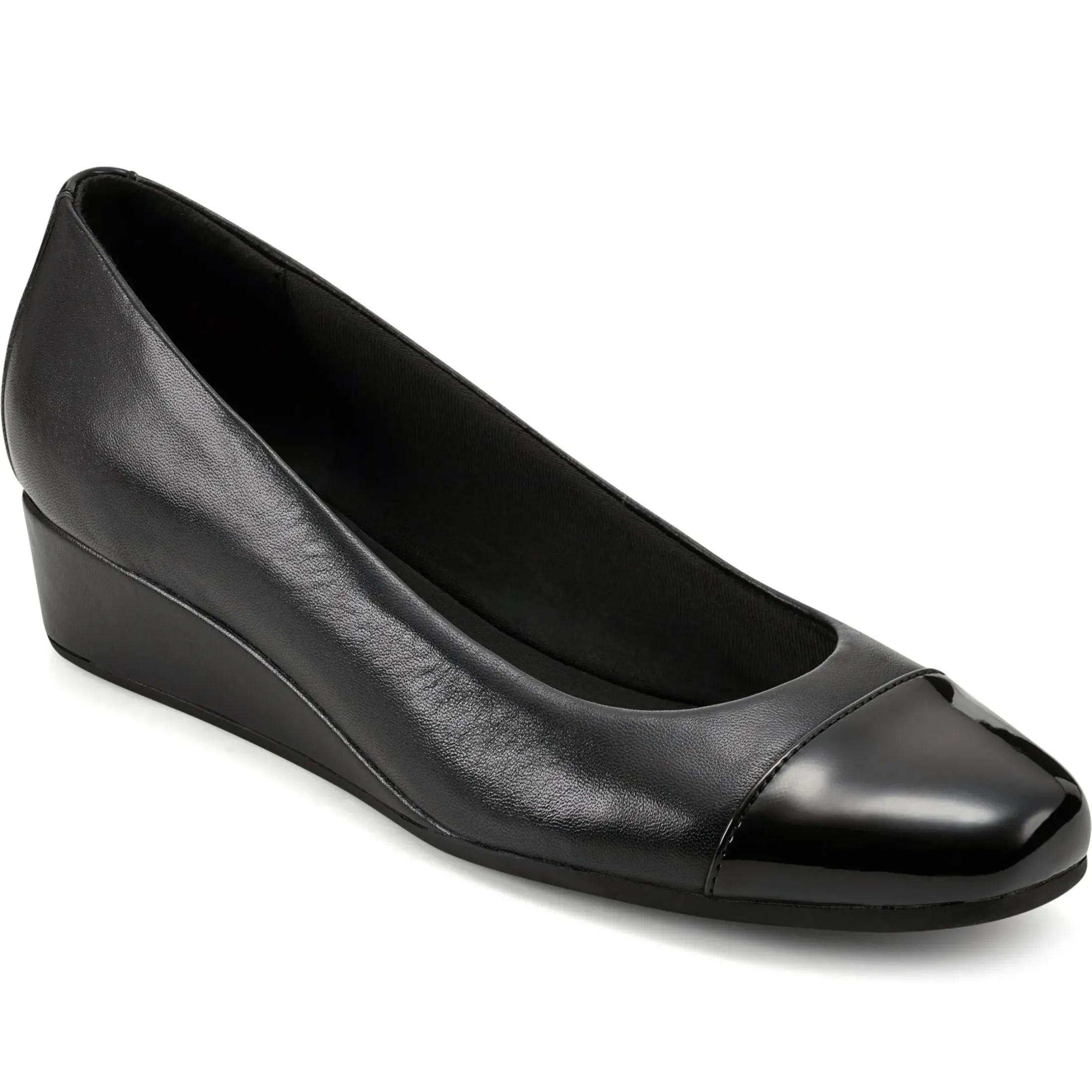 Gracey Wedge|Low Heels>Easy Spirit Gracey Wedge Heels Black Leather/Patent