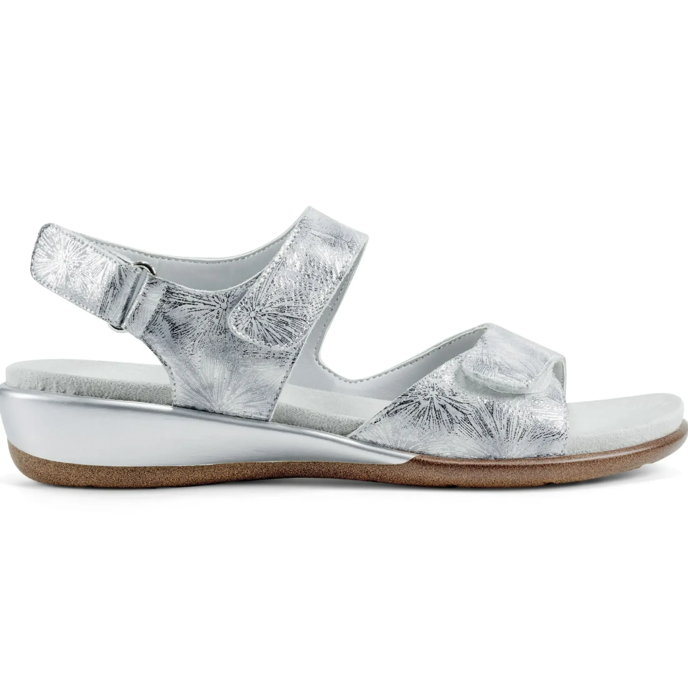 Casual|Flats>Easy Spirit Hartwell Flat Sandals Metallic Silver Print