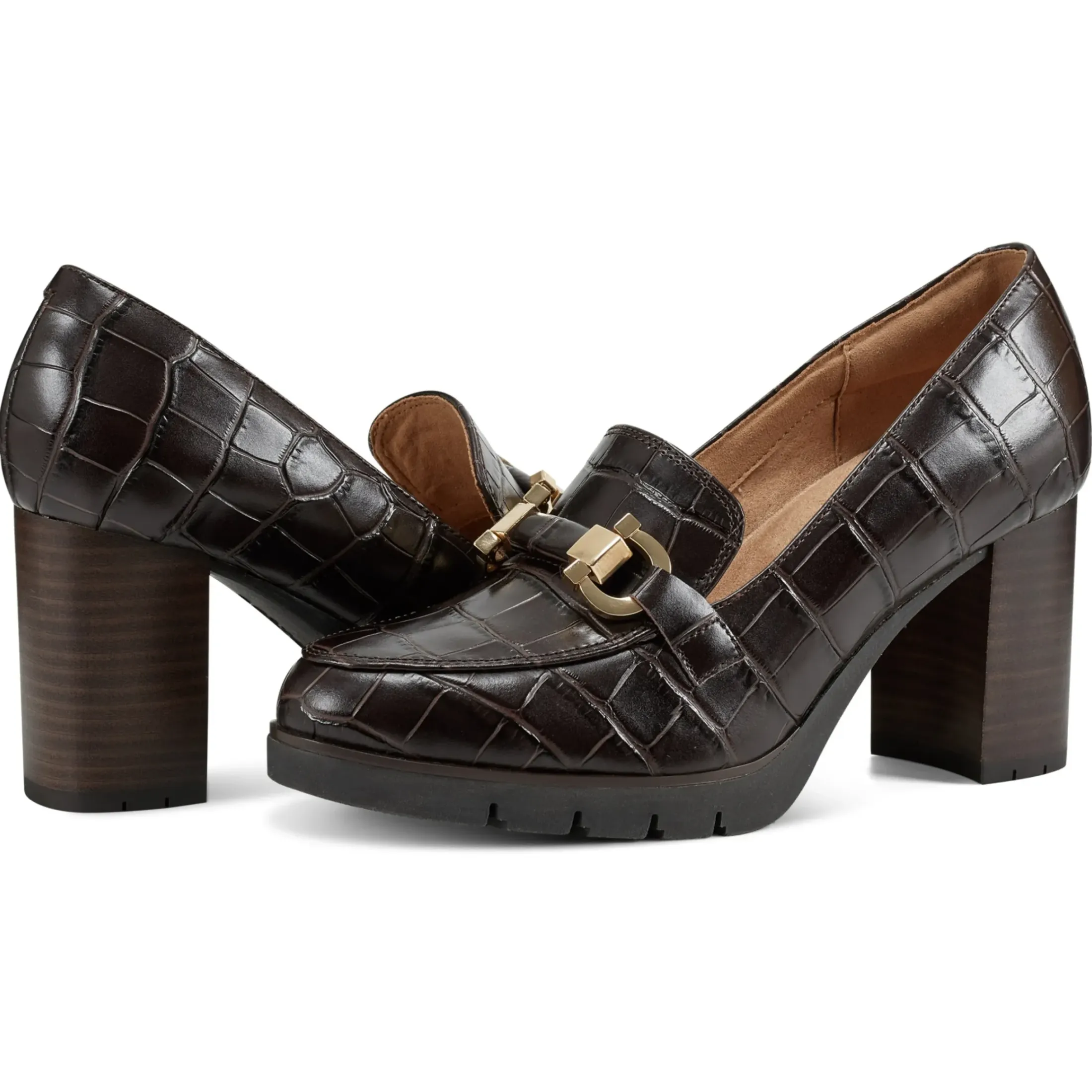 eFlex|eFlex>Easy Spirit Mirror Lug Sole Dress Pumps Brown Croco Leather