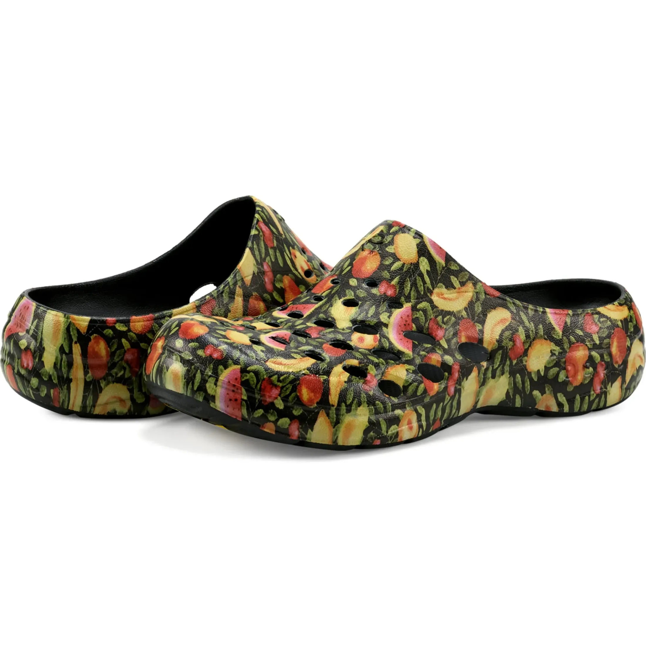 Traveltime Family|Traveltime Clogs>Easy Spirit Travelclog Slip On Mules Black Fruit Print